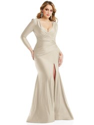 Long Sleeve Draped Wrap Stretch Satin Mermaid Dress With Slight Train - CS102 - Champagne