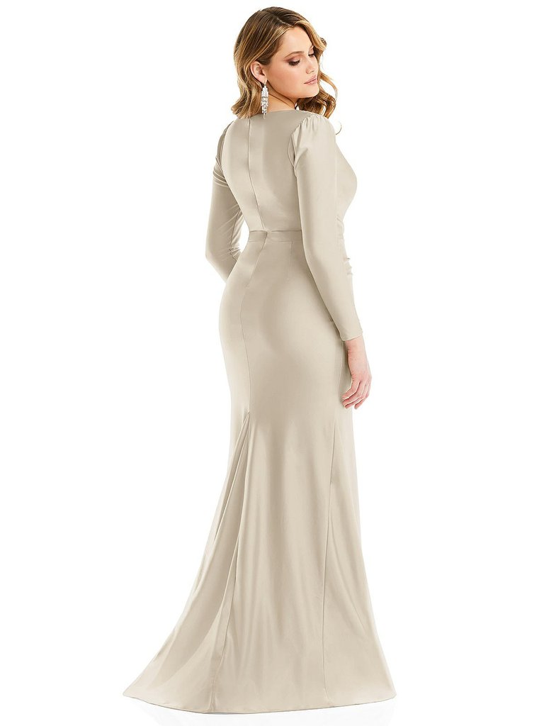 Long Sleeve Draped Wrap Stretch Satin Mermaid Dress With Slight Train - CS102