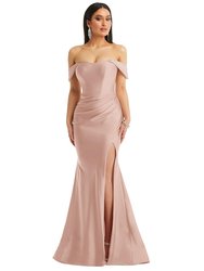 Off-The-Shoulder Corset Stretch Satin Mermaid Dress With Slight Train - CS101 - Toasted Sugar