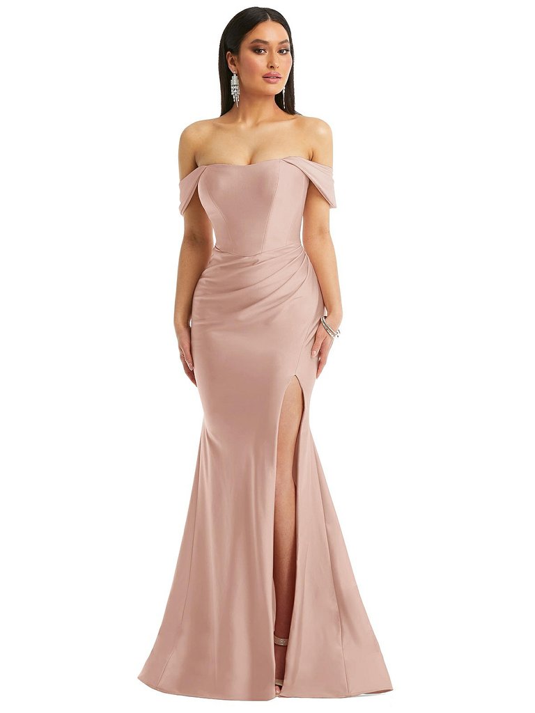 Off-The-Shoulder Corset Stretch Satin Mermaid Dress With Slight Train - CS101 - Toasted Sugar