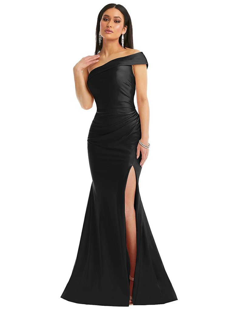 One-Shoulder Bias-Cuff Stretch Satin Mermaid Dress With Slight Train - CS107 - Black