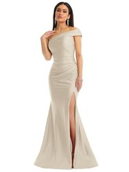 One-Shoulder Bias-Cuff Stretch Satin Mermaid Dress With Slight Train - CS107 - Champagne