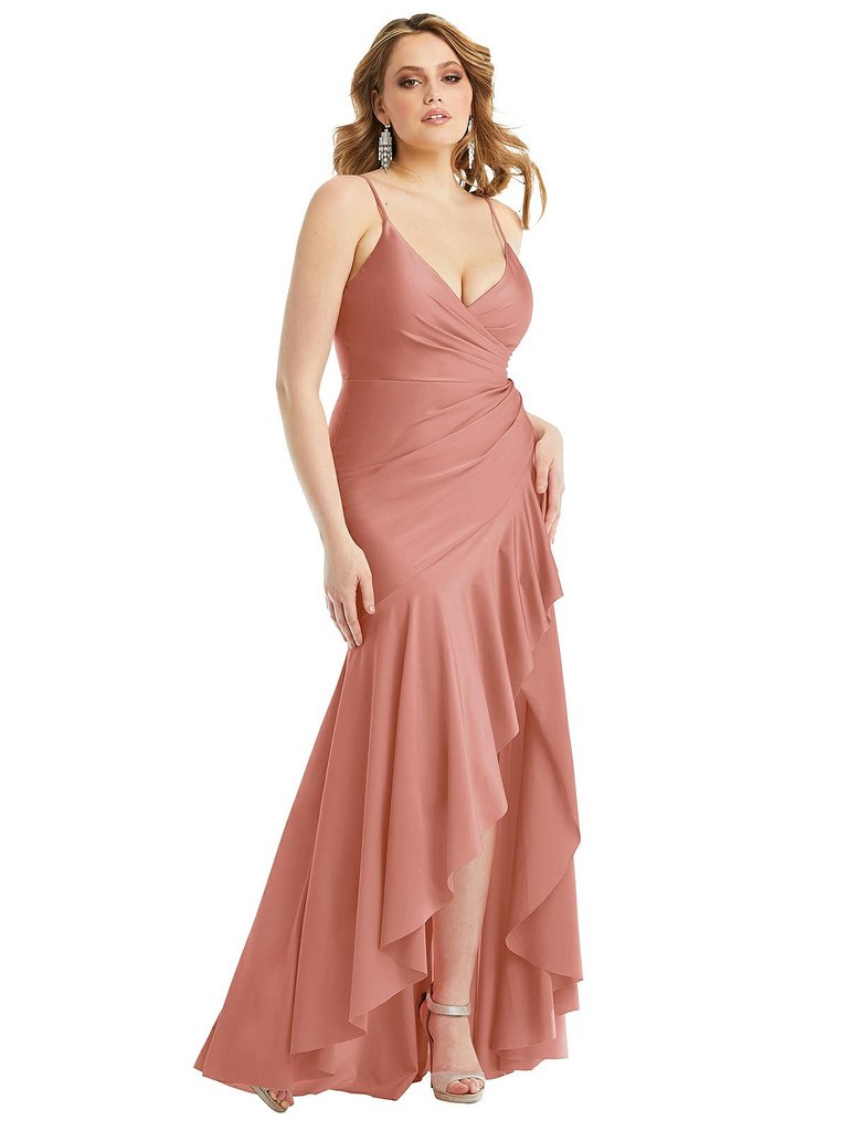 Pleated Wrap Ruffled High Low Stretch Satin Gown with Slight Train - CS111 - Desert Rose
