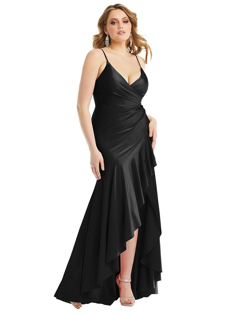 Pleated Wrap Ruffled High Low Stretch Satin Gown with Slight Train - CS111 - Black