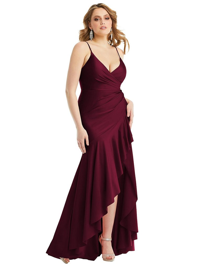 Pleated Wrap Ruffled High Low Stretch Satin Gown with Slight Train - CS111 - Cabernet