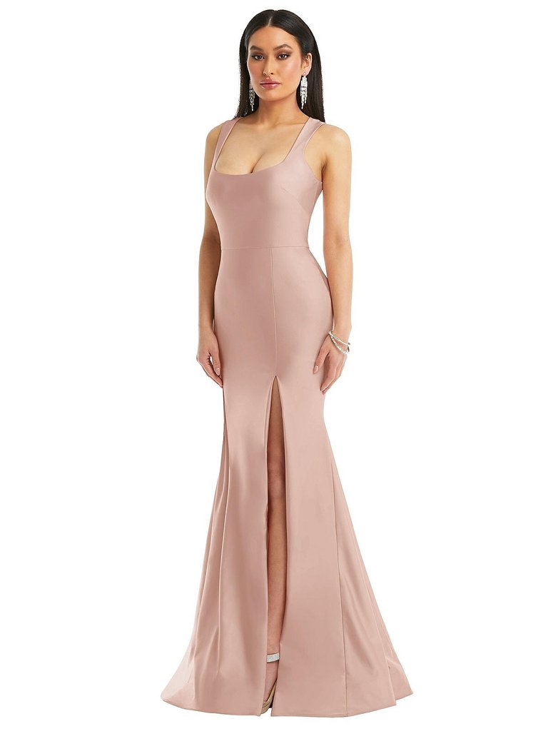 Square Neck Stretch Satin Mermaid Dress With Slight Train - CS113 - Toasted Sugar