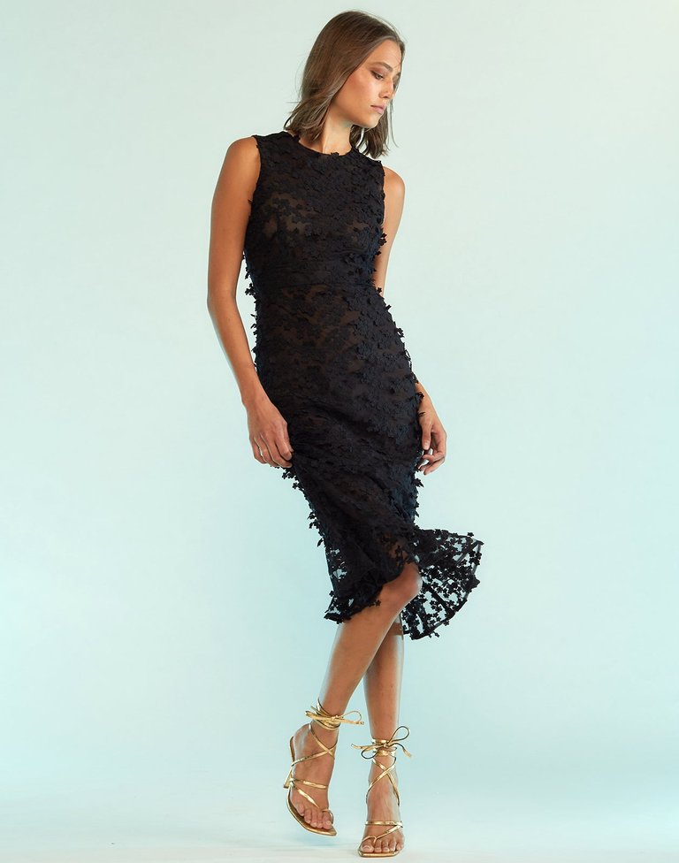 3D Embroidered Tulle Dress - Black