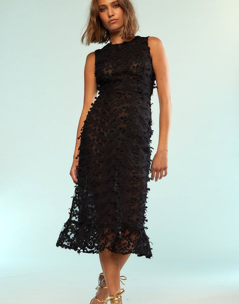 3D Embroidered Tulle Dress - Black - Black