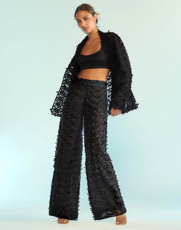 3D Embroidered Tulle Pants - Black