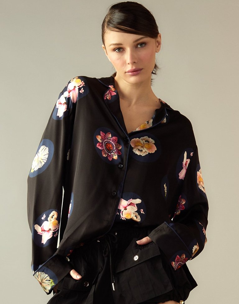 Moonlit Petal Blouse - Black Flower