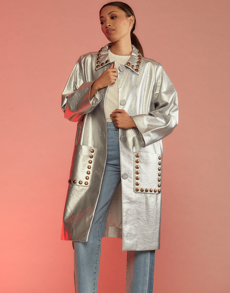 Vegan Studded Leather Coat - Silver - Silver
