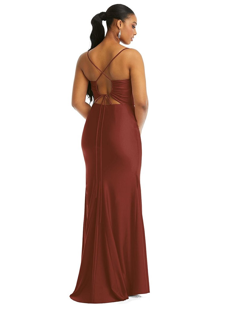 Cowl-Neck Open Tie-Back Stretch Satin Mermaid Dress With Slight Train - CS105