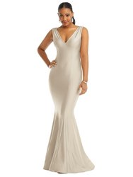 Shirred Shoulder Stretch Satin Mermaid Dress with Slight Train - CS100 - Champagne