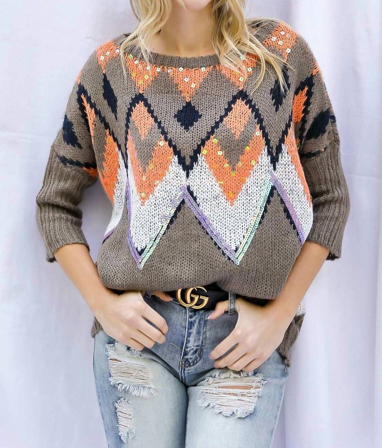 Aztec Sequin Sweater - Brown And Orange