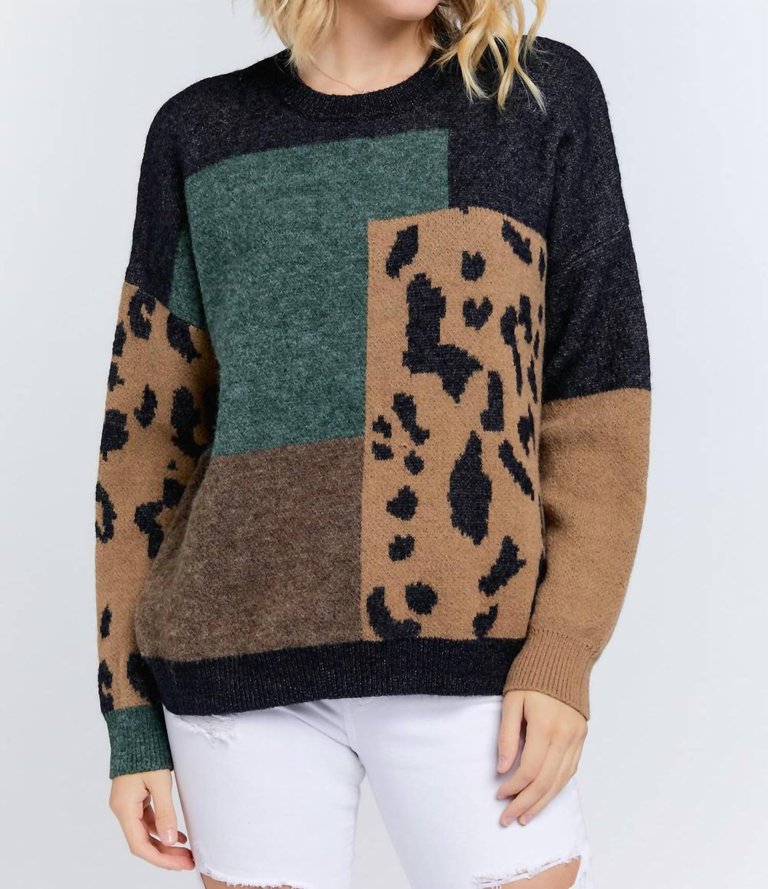 Color Block Leopard Sweater - Charcoal
