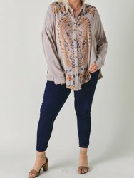 Floral Printed Button Down Long Sleeve Tunic Plus - Taupe
