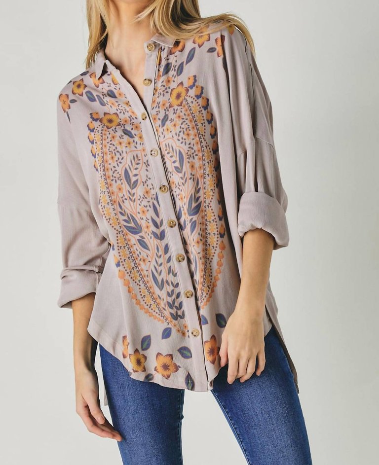 Floral Printed Button Down Long Sleeve Tunic - Taupe