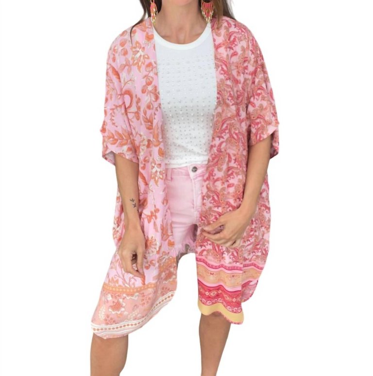 Floral Printed Short Sleeve Kimono In Pink - Pink