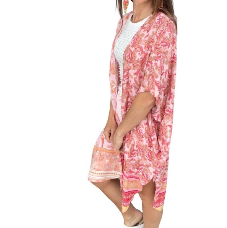 Floral Printed Short Sleeve Kimono In Pink