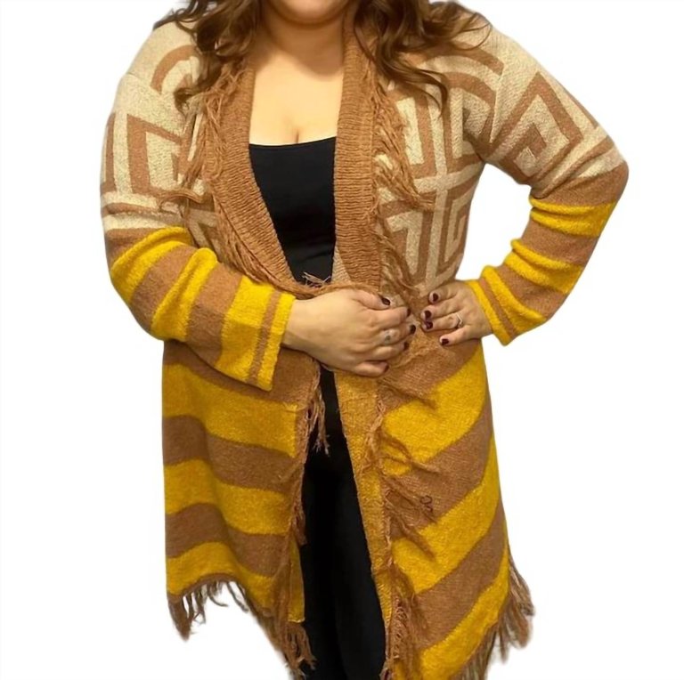 Geometric Fringed Open Front Cardigan