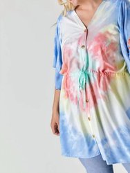 Tie Dye V Neck Button Down Cover Up Top Plus - Blue