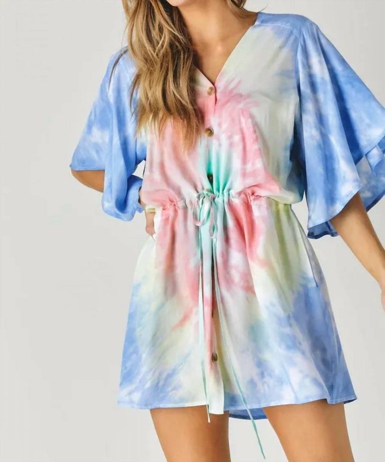 Tie Dye V Neck Button Down Cover Up Top - Blue