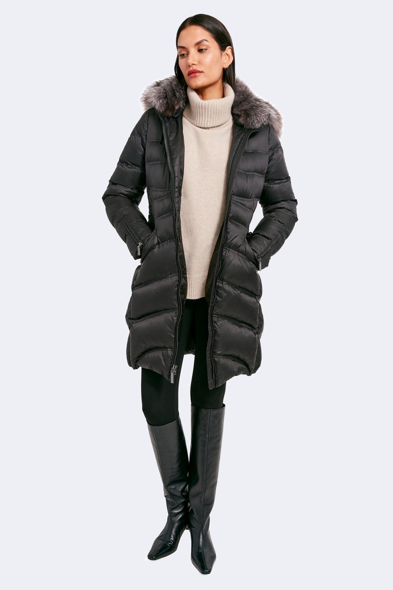 Cloe Fitted Puffer Coat with Fox Fur Collar - Black