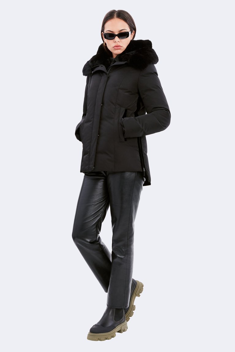 Luka Fitted Parka with Velvet & Fur Trim - Black