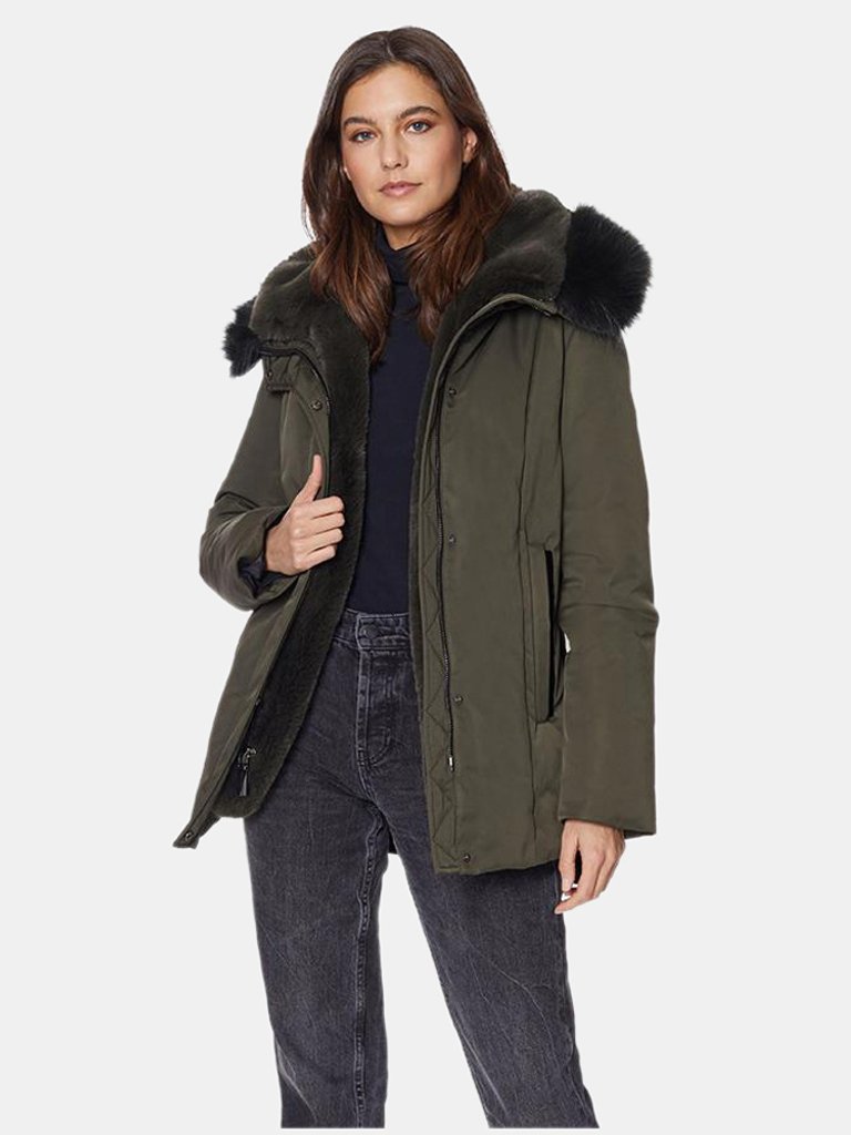 Luka Fitted Parka with Velvet & Fur Trim - Kalamata Olive