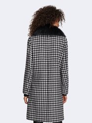 Noelle Houndstooth Pattern Wool Coat with Removable Raccoon Fur Collar