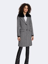 Noelle Houndstooth Pattern Wool Coat with Removable Raccoon Fur Collar