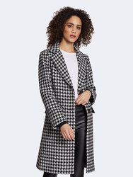 Noelle Houndstooth Pattern Wool Coat with Removable Raccoon Fur Collar