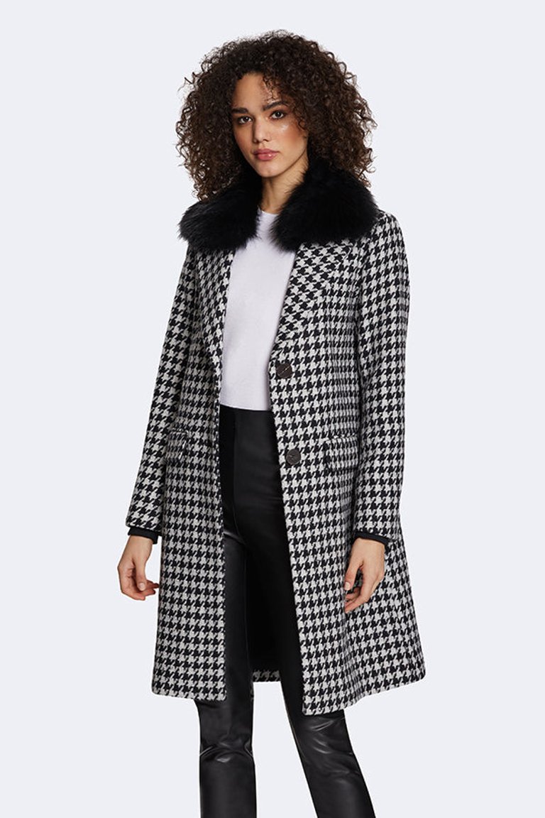 Noelle Houndstooth Pattern Wool Coat with Removable Raccoon Fur Collar - Houndstooth