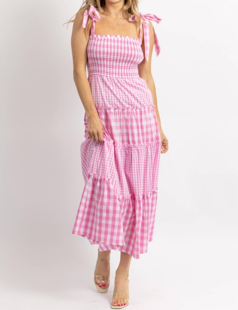 Mixed Gingham Smocked Maxi Dress - Pink