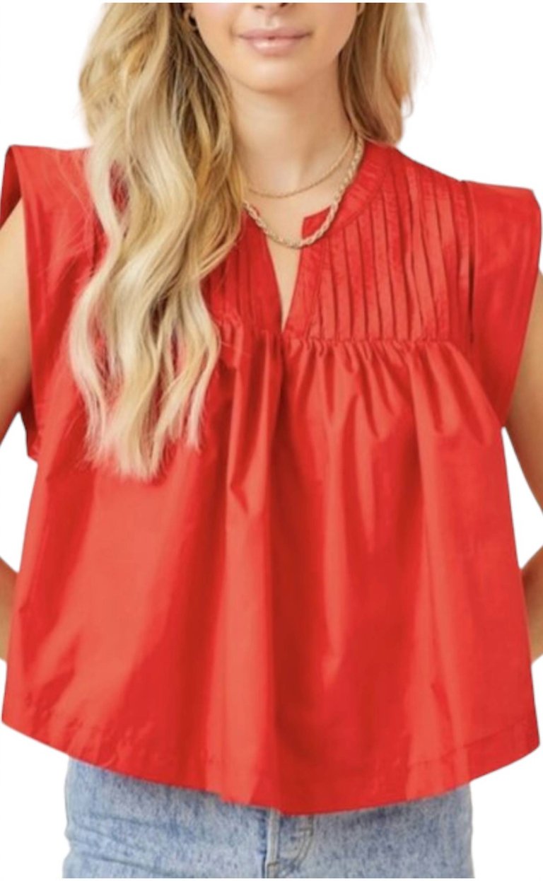 Pleated V-Neck Babydoll Blouse Top In Red