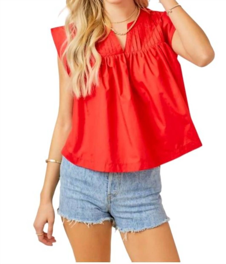 Pleated V-Neck Babydoll Blouse Top In Red - Red