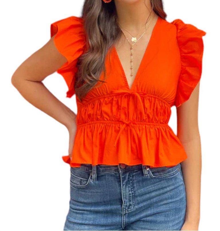 Tie Detail Peplum Top In Tangerine - Tangerine