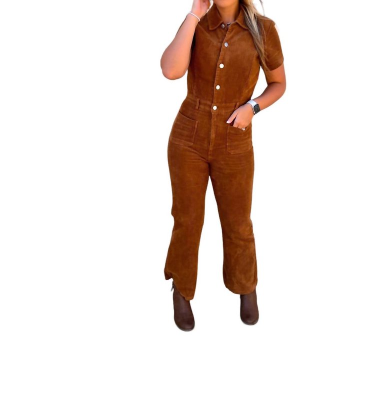 Tristyn Corduroy Button Down Jumpsuit In Brown