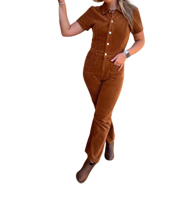 Tristyn Corduroy Button Down Jumpsuit In Brown - Brown