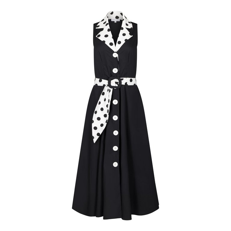 Adelaide Alluring Midi Dress in Black with White & Black Polka Dots - Black with White & Black Polka Dots