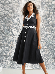 Adelaide Alluring Midi Dress in Black with White & Black Polka Dots