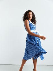 Adelaide Alluring Midi Dress in Royal Blue With White Polka Dots