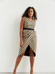 Bessie Beaming Illusion Wrap Dress In Natural and Black Polka Dots