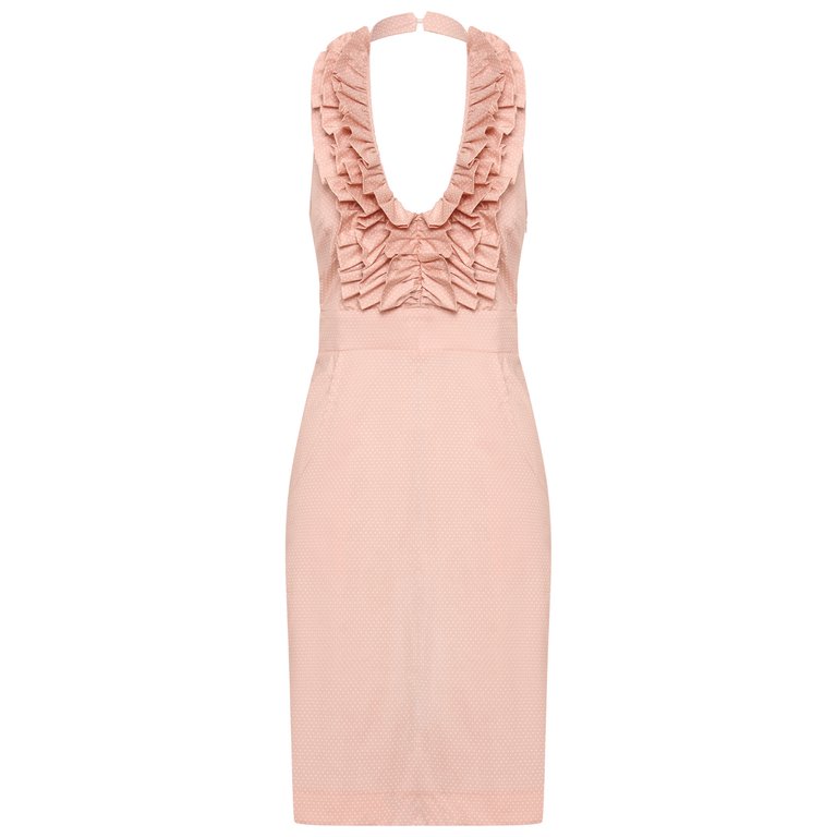 Betsy Beauty Frill Neck Halter Dress In Pink Pin Spot - Pink Pin Spot