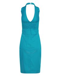 Betsy Beauty Frill Neck Halter Dress In Teal Pin Spot