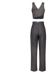 Esme Enchanting Crop Top and Tailored Pant in Navy & Gold Geometric Print