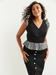 Florence Fluttering Top And A-Line Skirt Matching Set In Black With Gingham Print