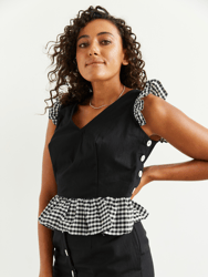 Florence Fluttering Top And A-Line Skirt Matching Set In Black With Gingham Print