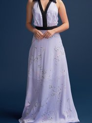 Gracie Glowing Backless Floor Length Gown In Sakura Lilac Print
