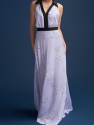 Gracie Glowing Backless Floor Length Gown In Sakura Lilac Print